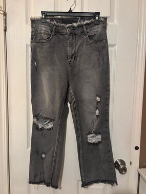 Frayed Waist Straight Leg Women's Jeans in Washed Black